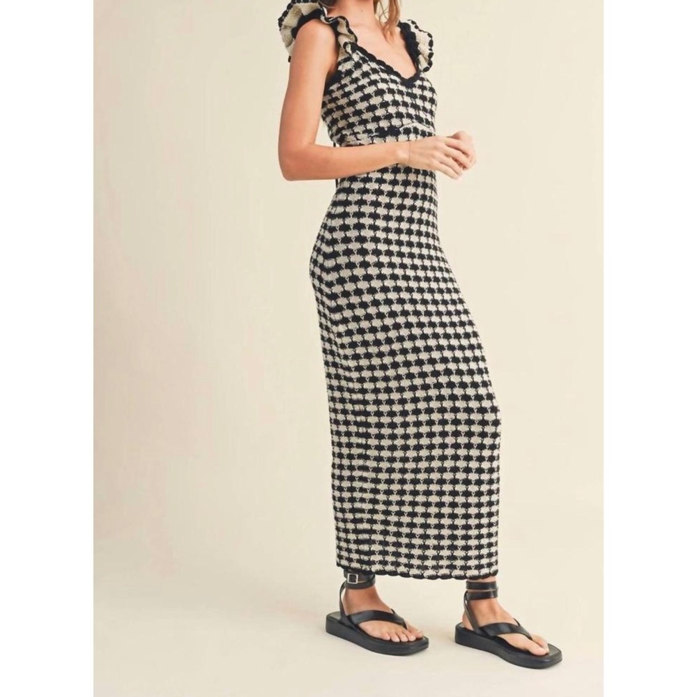 Miou Muse Crochet Knit Maxi Dress Ruffle Straps Retro Black Cream Honeycomb Boho - Picture 5 of 13